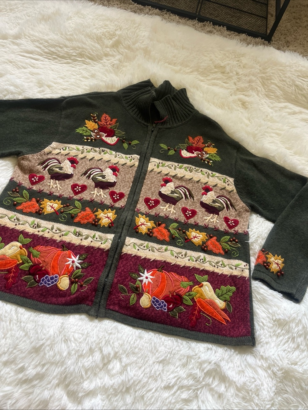 Vintage Tiara International Embroidered Fall Rooster Cardigan Olive Green M